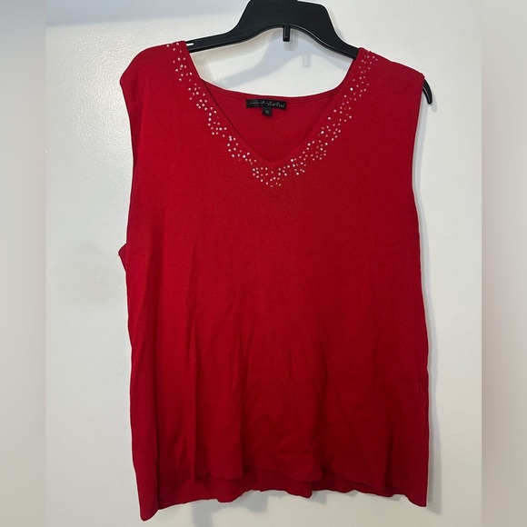 Red Sleeveless Top with Embellished Neckline - Picture 2 of 5